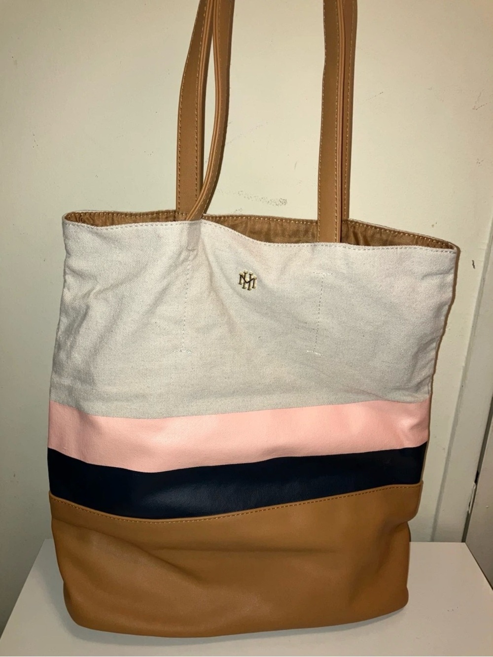 Canvas and Faux Leather Colorblock Tote Bag - Pink, Navy, Tan